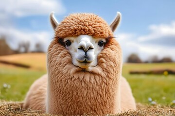 Obraz premium A Fluffy Alpaca Gazing Serene in a Field of excellence in splendor beyond compare with grace