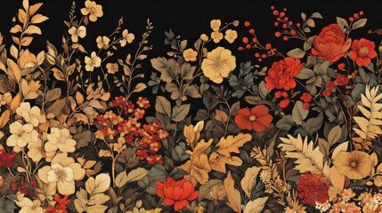 Fototapeta premium Dark Floral Pattern with Red and Orange Flowers