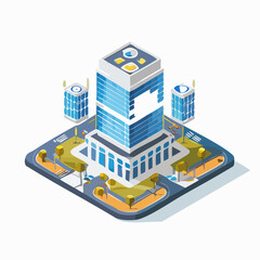 isometric building in blockchain ecosystem, ditgital currency, metaverse and technlogy