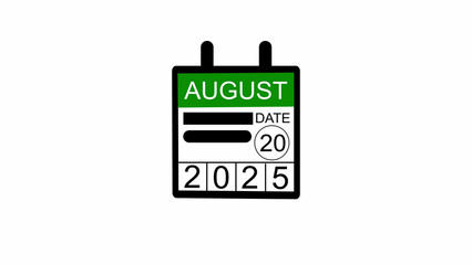 August 2025 year 20 date calendar illustration, on a white background.

