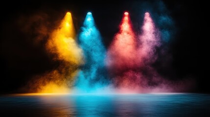 An artistic rendition of colorful stage lighting cutting through a smoky backdrop, perfect for creating a vibrant atmosphere in concerts and performances.