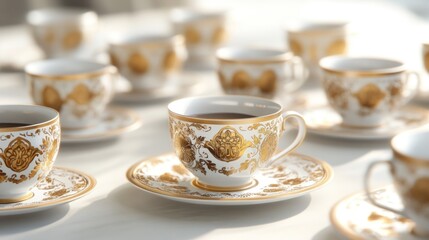 Fototapeta premium Elegant coffee cups and saucers with gold detailing