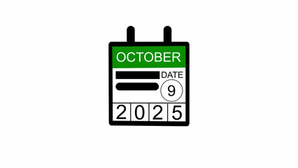 Fototapeta premium October 2025 year 9 date calendar illustration, on a white background. 