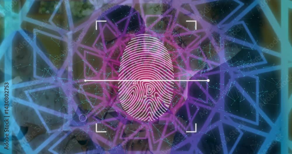 Poster security analyst monitoring biometric interface with fingerprint and glowing network overlay