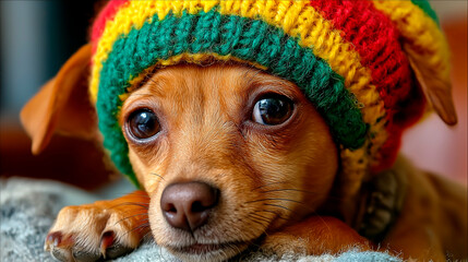Adorable Dog Wearing Colorful Rastafari Hat on Neutral Background