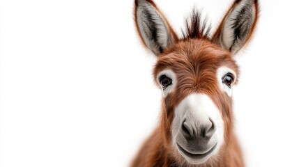 Fototapeta premium A charming portrait of a donkey with a fluffy mane and big, soulful eyes, radiating warmth and personality, set against a clean white backdrop that highlights its features.