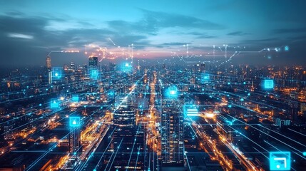 Fototapeta premium Night cityscape with luminous network lines over buildings, conveying connectivity and modern technology