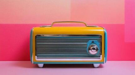 Yellow and Teal Retro Radio on Pink Background