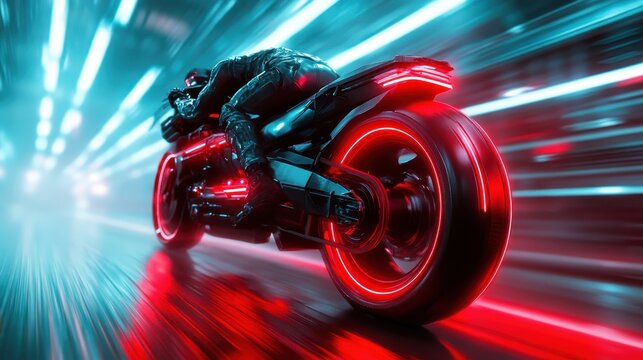 This action-packed image of a motorcycle racing through streaks of light captures the essence of speed, movement, and adrenaline in a vibrant cyberpunk setting.