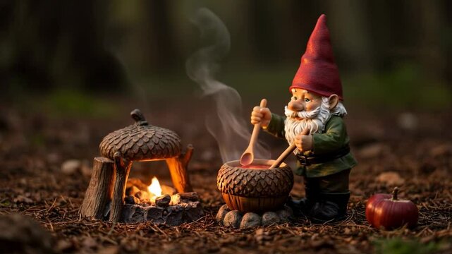 A whimsical garden forest gnome stirring a potion in a cauldron by a cozy campfire in a forest setting