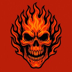 Flaming Skull Illustration with Red Background