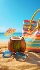 Tropical Summer Beach Vacation: Sun, Sand & Sea with Relaxing Ocean View, Coconut Trees, and Fun Resort Holiday – Travel, Nature, and Water Illustration