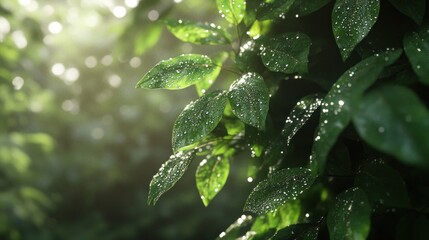 Dew kissed leaves in the sunlight