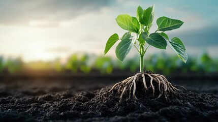 The image portrays a newly sprouted plant with visible root structures, emphasizing the connection between growth and the natural world.