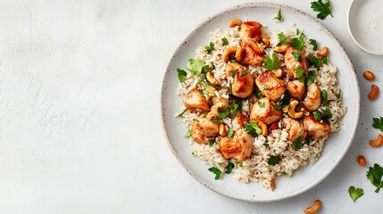 Delicious chicken and rice dinner with cashews parsley garnish tasty food dish eat meal home diet