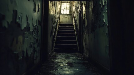 Dark Stairwell in a Decaying Building: Eerie Atmosphere and Moody Lighting
