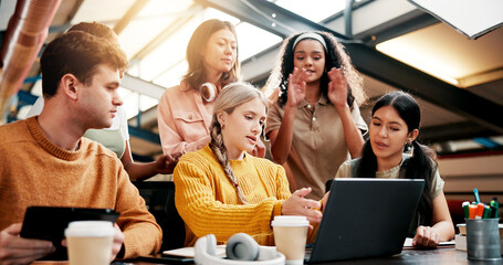 Students, education and group on laptop in university for brainstorming, idea and learning. Technology, people and team in college together for creative research project, studying and exam discussion