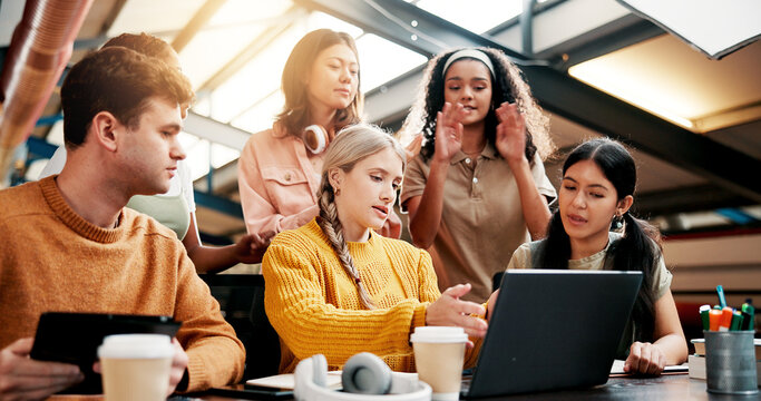 Students, education and group on laptop in university for brainstorming, idea and learning. Technology, people and team in college together for creative research project, studying and exam discussion
