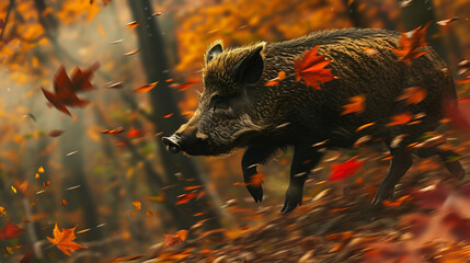 A wild boar running through an autumn forest with falling leaves in a blurred background scenery view