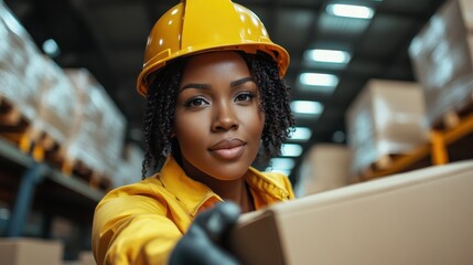 A confident female worker in a warehouse wearing a hard hat, emphasizing strength and professionalism in a proactive environment surrounded by packed boxes and colleagues.