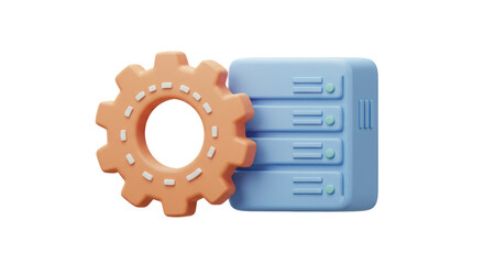 Isolated Orange Gear and Blue Server Stack