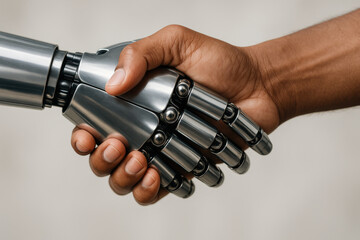 Human and Robotic Partnership: A close-up shot showcases a symbolic handshake between a human and a metallic robotic hand, representing collaboration. 