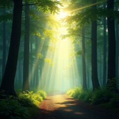 The mysterious scenery of sunshine falling in the forest