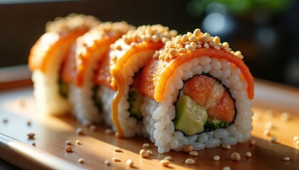 Artfully crafted sushi rolls with salmon, avocado, and sesame seeds on a wooden platter
