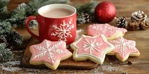 Fototapeta premium A holiday-themed scene with decorated Christmas cookies, a piping bag filled with red icing, and a cozy cup of hot cocoa