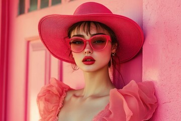 Fashionable woman in pink attire with sunglasses poses against vibrant pink wall at trendy urban location during bright daylight