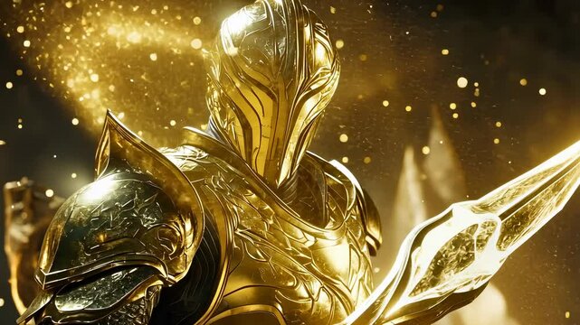 A celestial tyrant boss character concept, adorned with golden armor and wielding a radiant, divine spear.