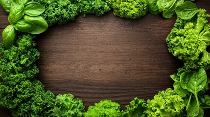 Fresh Green Leafy Vegetables Arranged in a Circular Frame on a Dark Wood Background with Water Droplets for Organic Food Concept