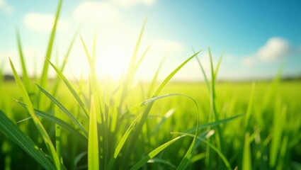 Fototapeta premium Radiant Green Grass Field Under Sunlight