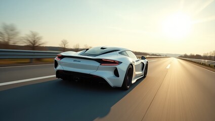 Obraz premium Stunning White Sports Car on Highway at Sunrise