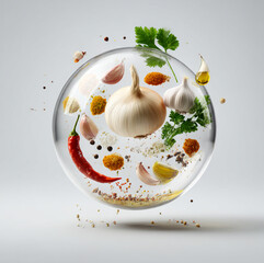 a glass orb, the box with Paprika, Onion, Pepper, Mustard, Parsley, Garlic, Salt, Oil, all floating in mid air, soft shadows and a clean studio background, pure white background.