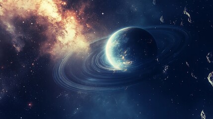 A majestic ringed planet glows amid cosmic dust and scattered asteroids in the inky blackness of space