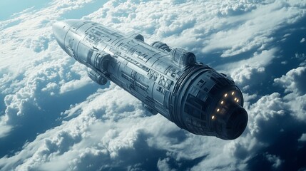 Fototapeta premium Silver spacecraft soaring above the cloud-covered planet. Futuristic, metallic, engine glow