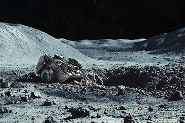 Lunar rover wreckage amidst a desolate moon landscape.