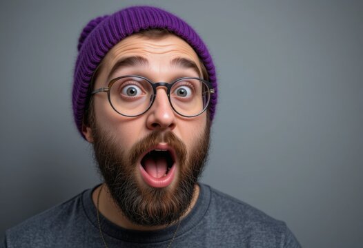Hombre barbudo con gorro morado y gafas redondas y cara de asombro