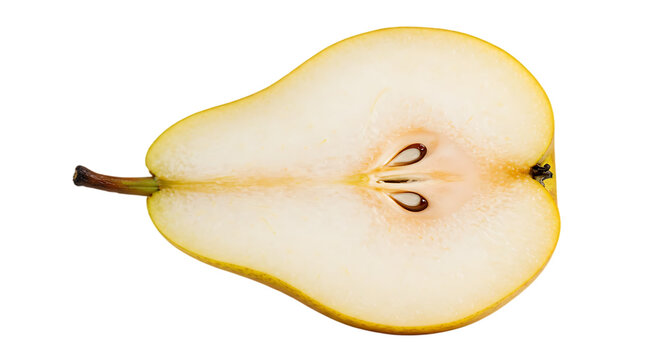 Antecedentes transparentes, secci&oacute;n transversal de una pera de fruta cortada.