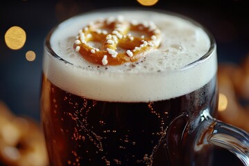high resolution visual of closeup beer mug with foam and pretzels