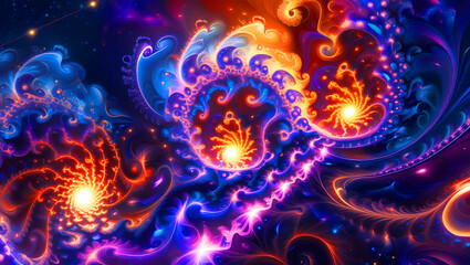 Abstract fractal art design features a bright blue starburst pattern with glowing energy swirls in a chaotic, space-like explosion