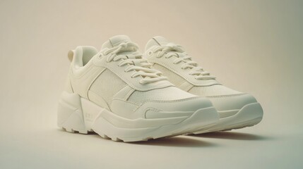 Pair of white sneakers on a light beige background