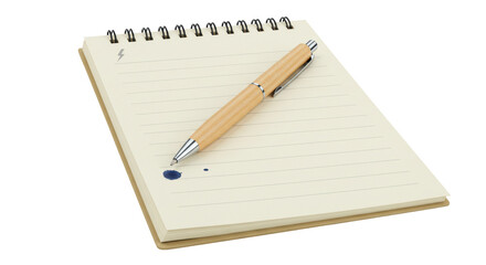 Isolated Notepad with Wooden Pen and Ink Blot, Representing Creative Writing Process