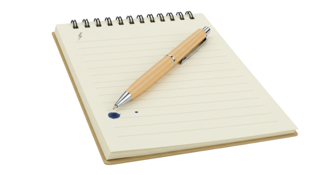 Isolated Notepad with Wooden Pen and Ink Blot, Representing Creative Writing Process