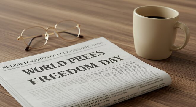 World Press Freedom Day Newspaper with Coffee and Glasses
 - Powered by Adobe
