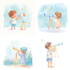 Cute Kid Using Telescope Watercolor Clipart Bundle

