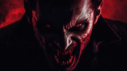 Menacing Vampire: Glowing Red Eyes, Fanged Grin, Dark Dramatic Portrait