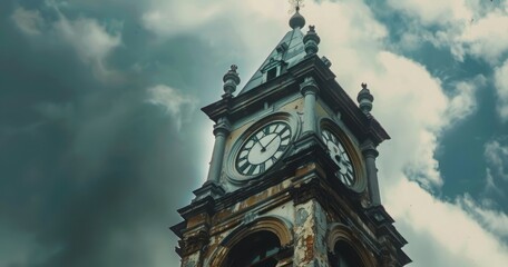 Historic clock tower under a dramatic cloudy sky.