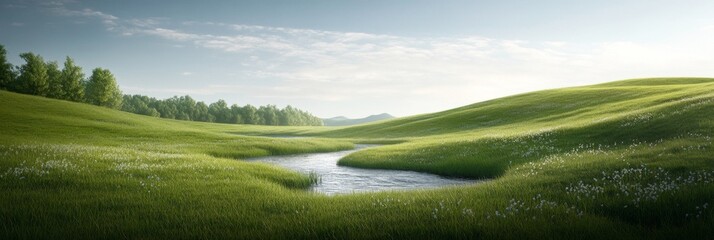Serene stream flowing through lush green hills under clear sky in peaceful natural landscape